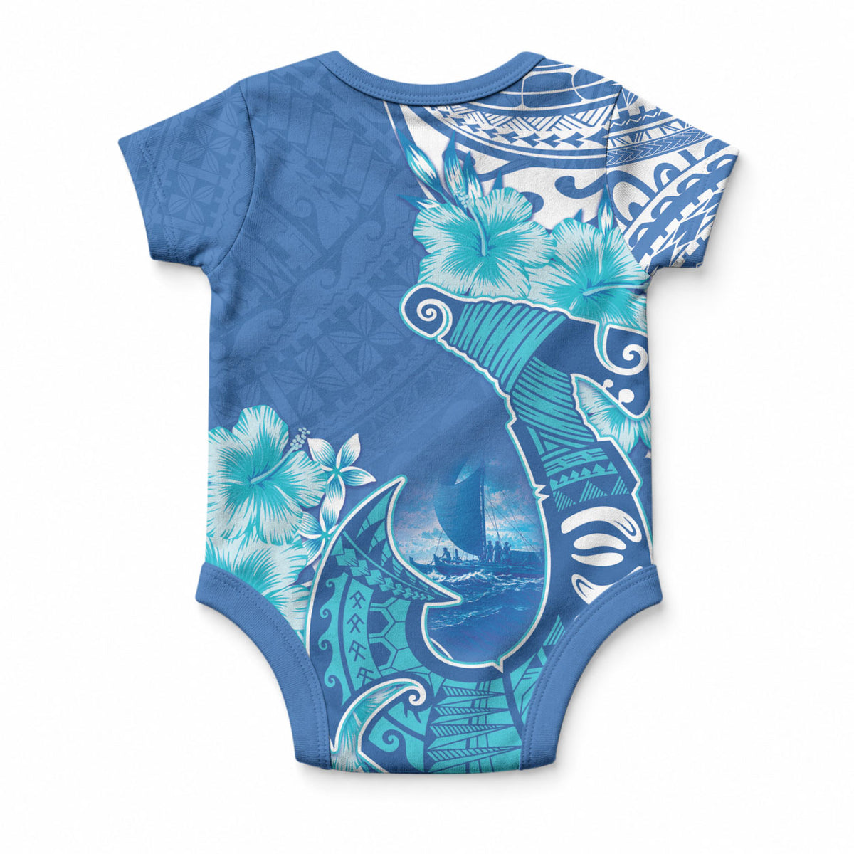 Hawaii Discoverers Day Baby Onesie Polynesian Fish Hook With Hibiscus Blue