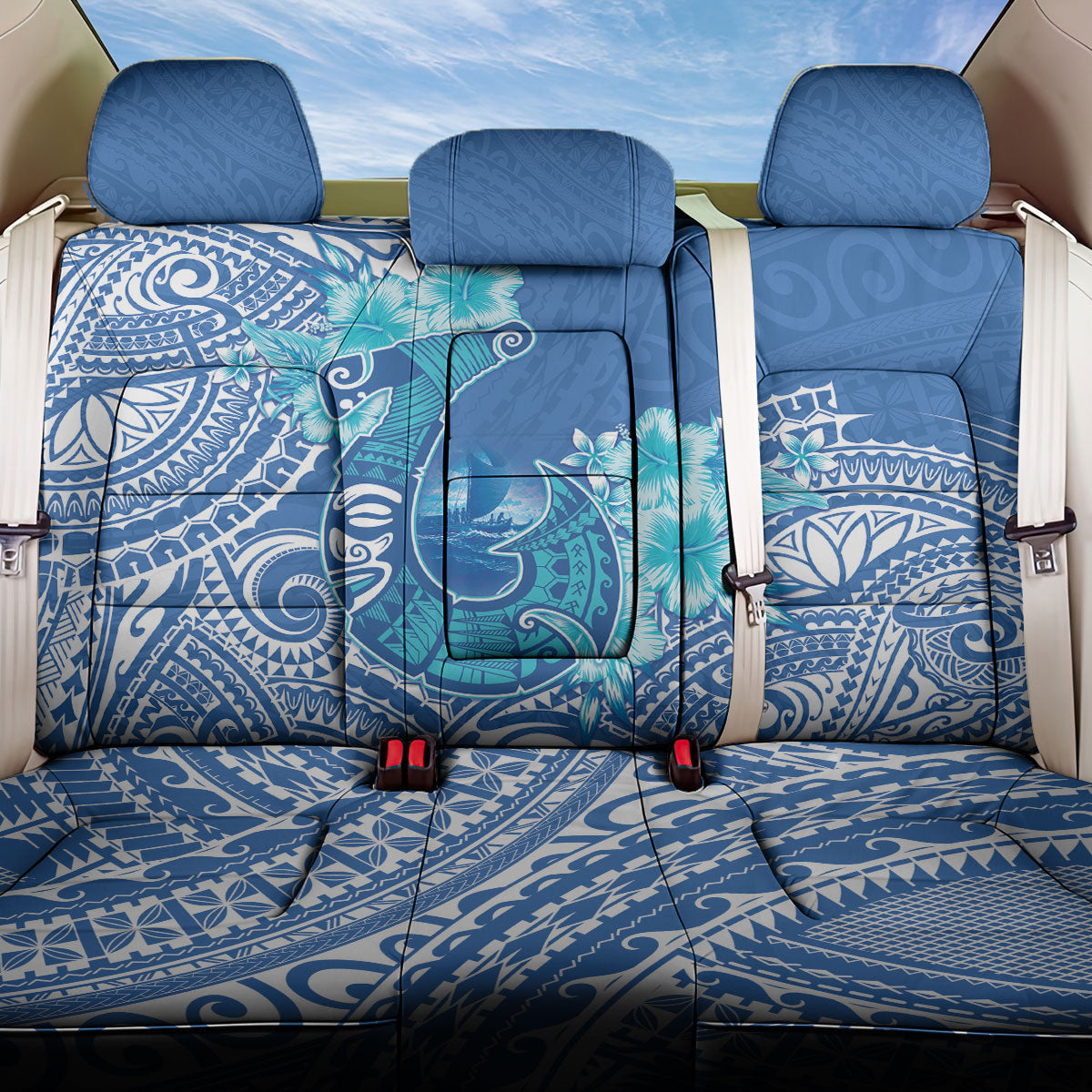 Hawaii Discoverers Day Back Car Seat Cover Polynesian Fish Hook With Hibiscus Blue