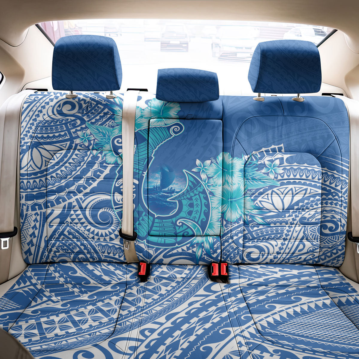 Hawaii Discoverers Day Back Car Seat Cover Polynesian Fish Hook With Hibiscus Blue