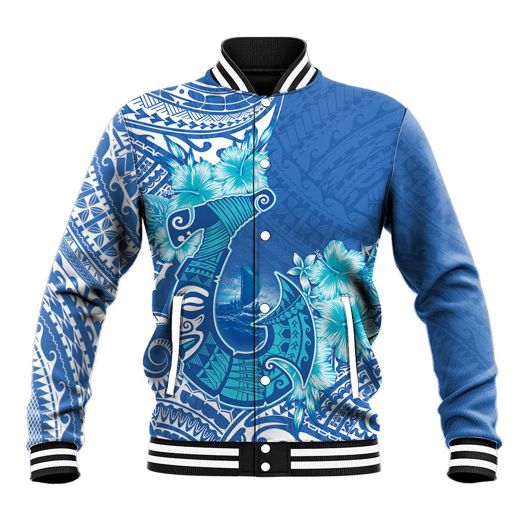 Hawaii Discoverers Day Baseball Jacket Polynesian Fish Hook With Hibiscus Blue