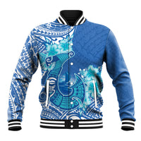 Hawaii Discoverers Day Baseball Jacket Polynesian Fish Hook With Hibiscus Blue