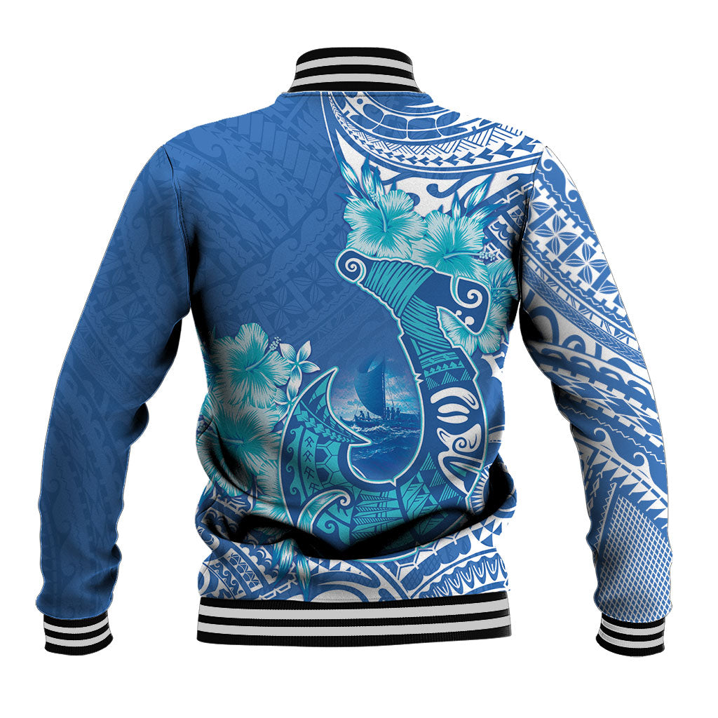 Hawaii Discoverers Day Baseball Jacket Polynesian Fish Hook With Hibiscus Blue