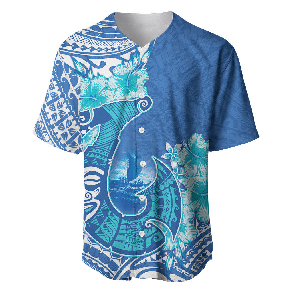 Hawaii Discoverers Day Baseball Jersey Polynesian Fish Hook With Hibiscus Blue