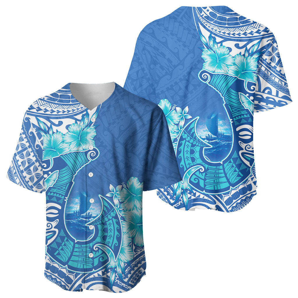 Hawaii Discoverers Day Baseball Jersey Polynesian Fish Hook With Hibiscus Blue