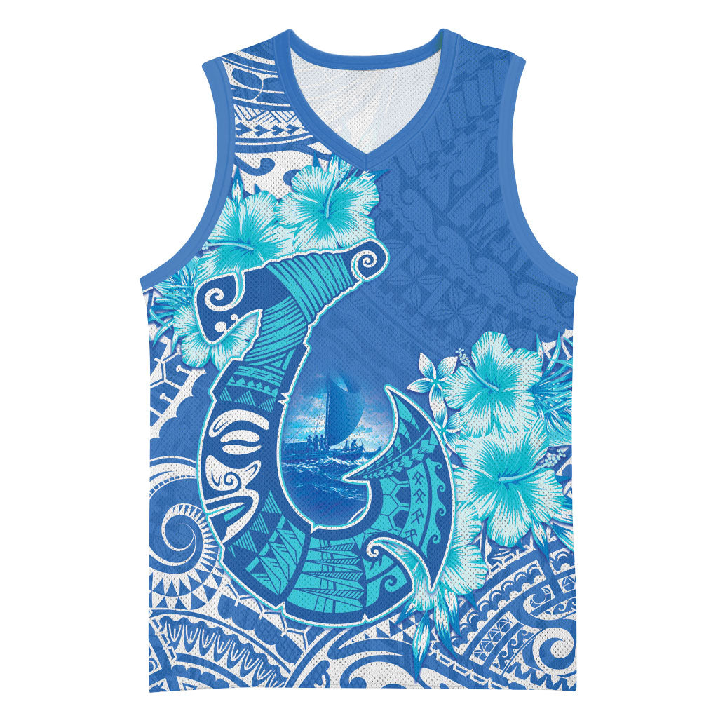Hawaii Discoverers Day Basketball Jersey Polynesian Fish Hook With Hibiscus Blue