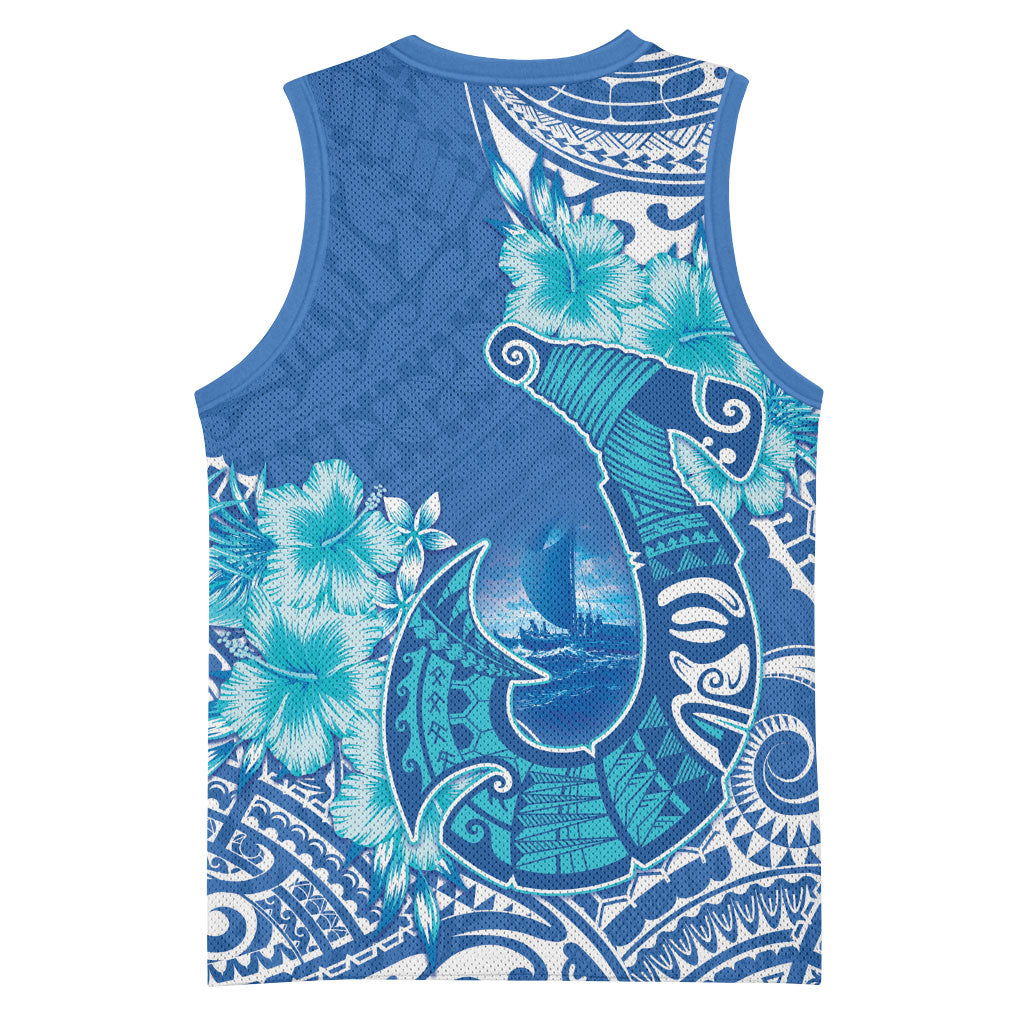 Hawaii Discoverers Day Basketball Jersey Polynesian Fish Hook With Hibiscus Blue