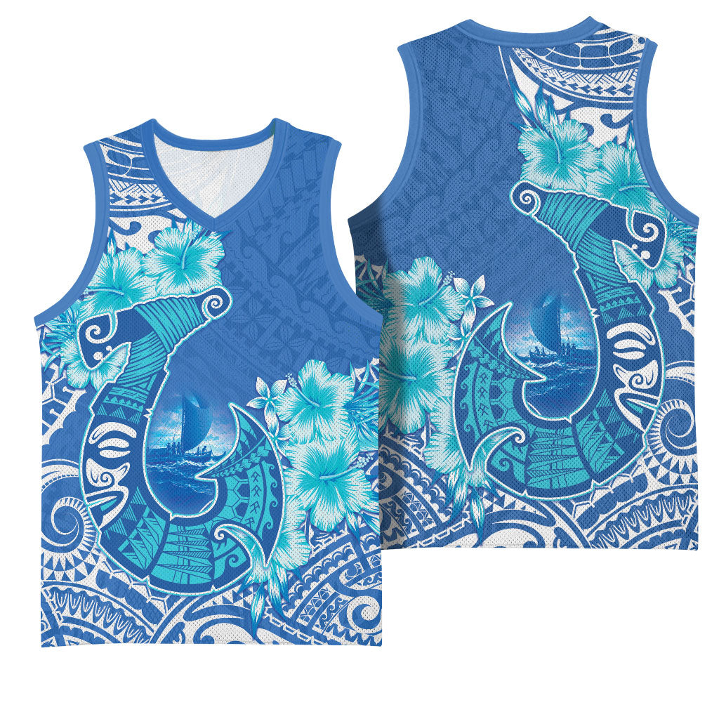 Hawaii Discoverers Day Basketball Jersey Polynesian Fish Hook With Hibiscus Blue