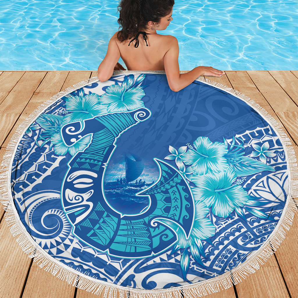 Hawaii Discoverers Day Beach Blanket Polynesian Fish Hook With Hibiscus Blue