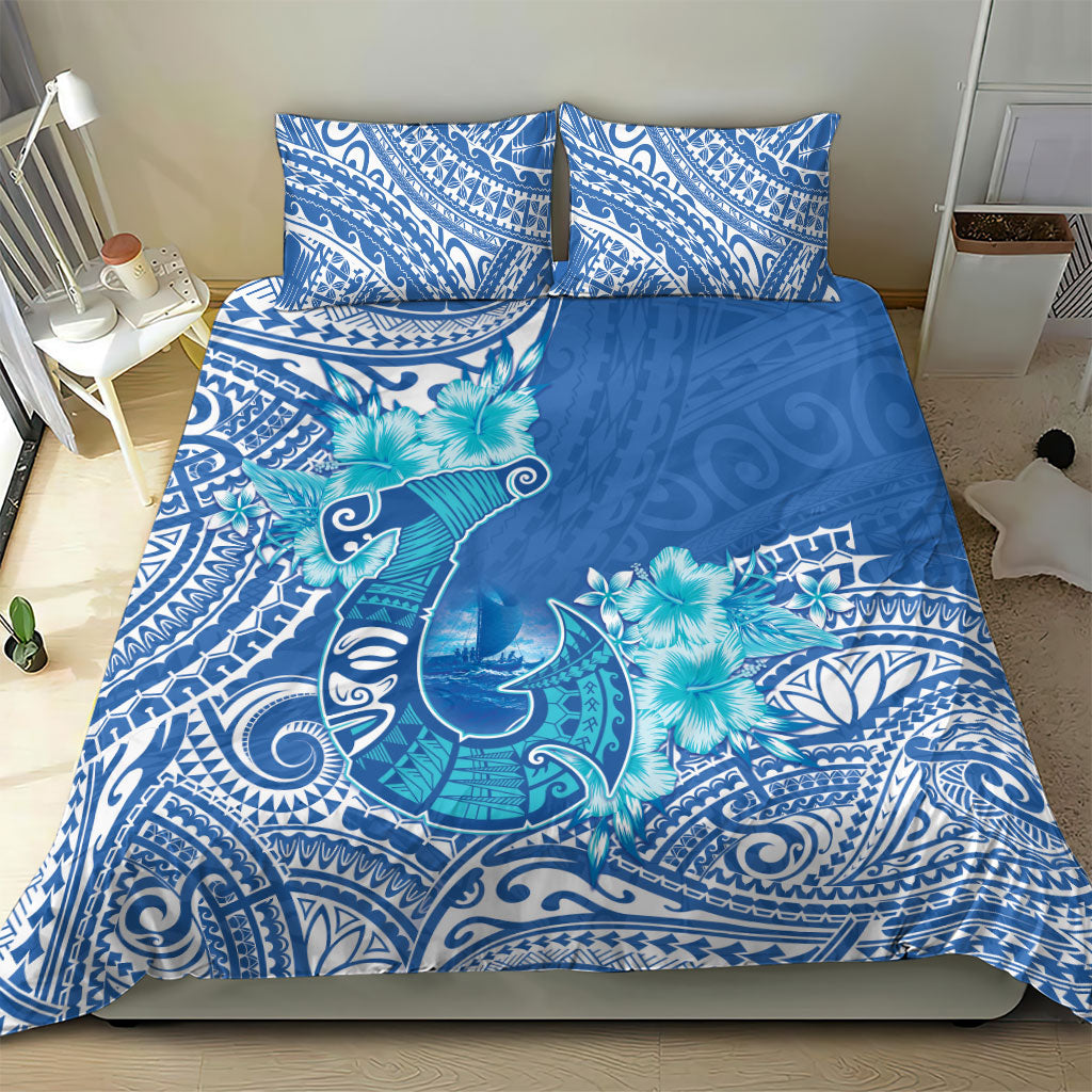 Hawaii Discoverers Day Bedding Set Polynesian Fish Hook With Hibiscus Blue