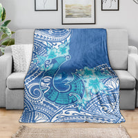 Hawaii Discoverers Day Blanket Polynesian Fish Hook With Hibiscus Blue