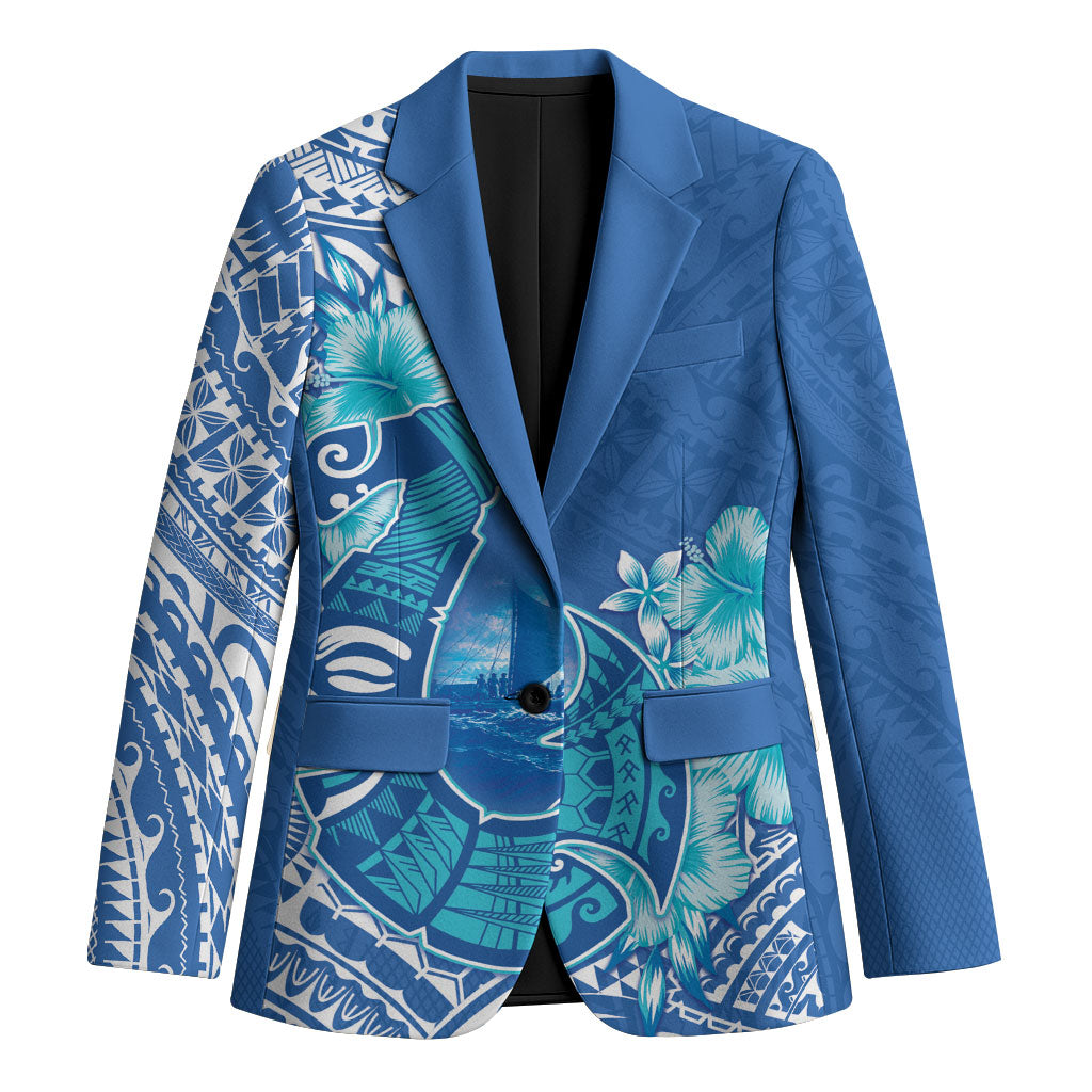 Hawaii Discoverers Day Blazer Polynesian Fish Hook With Hibiscus Blue