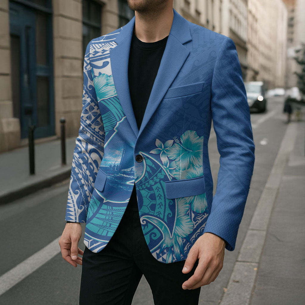 Hawaii Discoverers Day Blazer Polynesian Fish Hook With Hibiscus Blue
