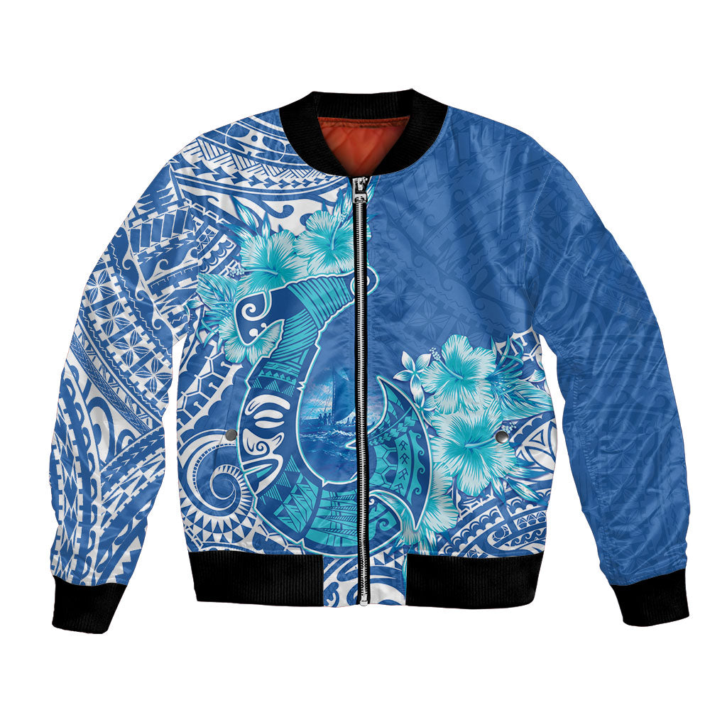 Hawaii Discoverers Day Bomber Jacket Polynesian Fish Hook With Hibiscus Blue