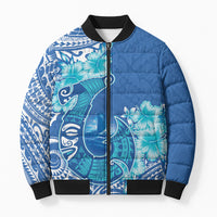 Hawaii Discoverers Day Bomber Puffer Jacket Polynesian Fish Hook With Hibiscus Blue
