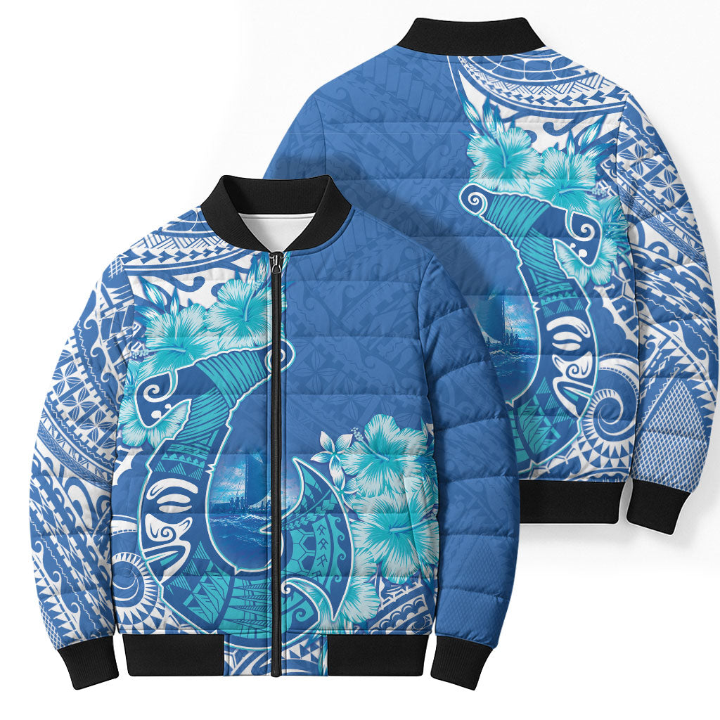 Hawaii Discoverers Day Bomber Puffer Jacket Polynesian Fish Hook With Hibiscus Blue