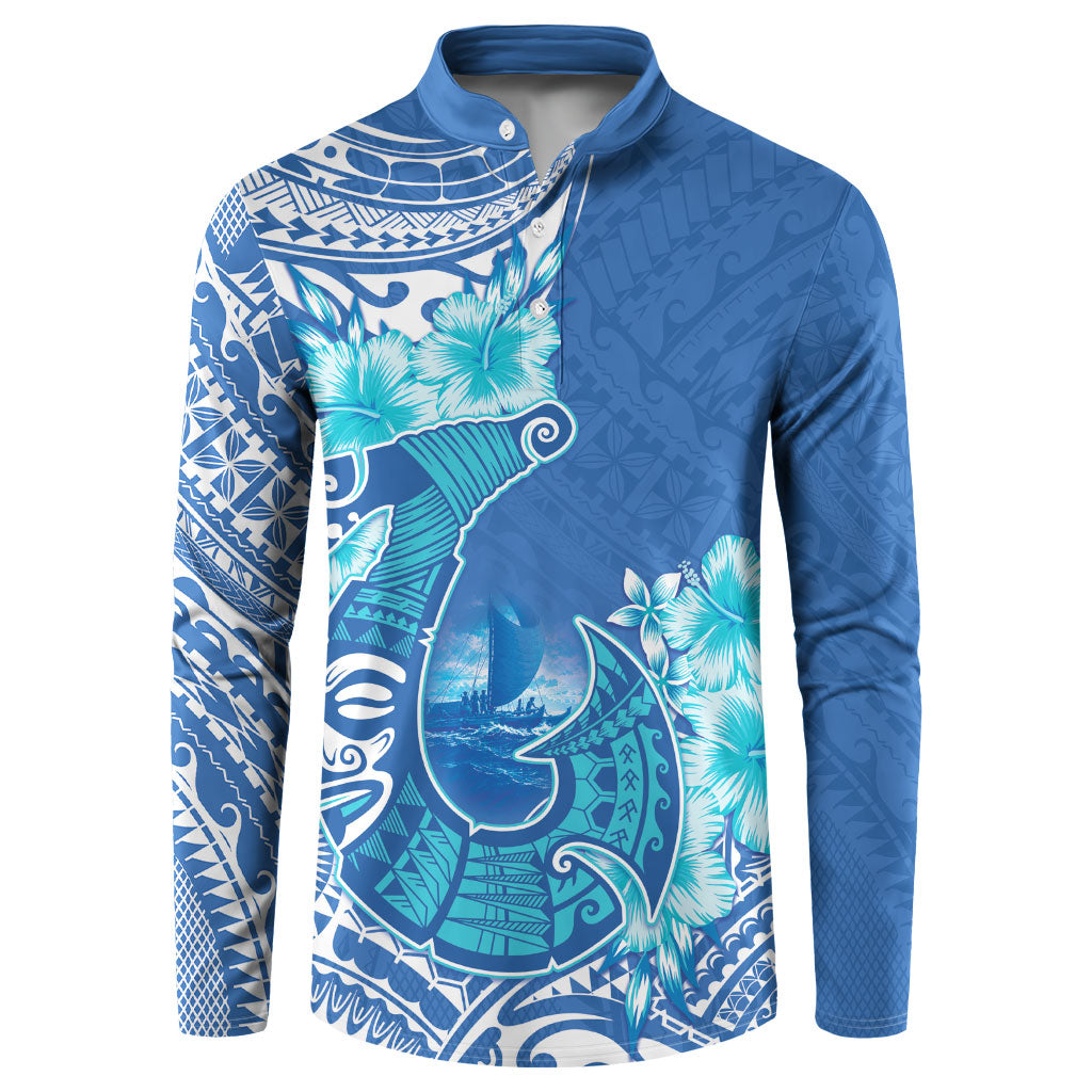 Hawaii Discoverers Day Button Sweatshirt Polynesian Fish Hook With Hibiscus Blue LT05 Blue - Polynesian Pride