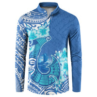 Hawaii Discoverers Day Button Sweatshirt Polynesian Fish Hook With Hibiscus Blue