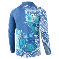 Hawaii Discoverers Day Button Sweatshirt Polynesian Fish Hook With Hibiscus Blue