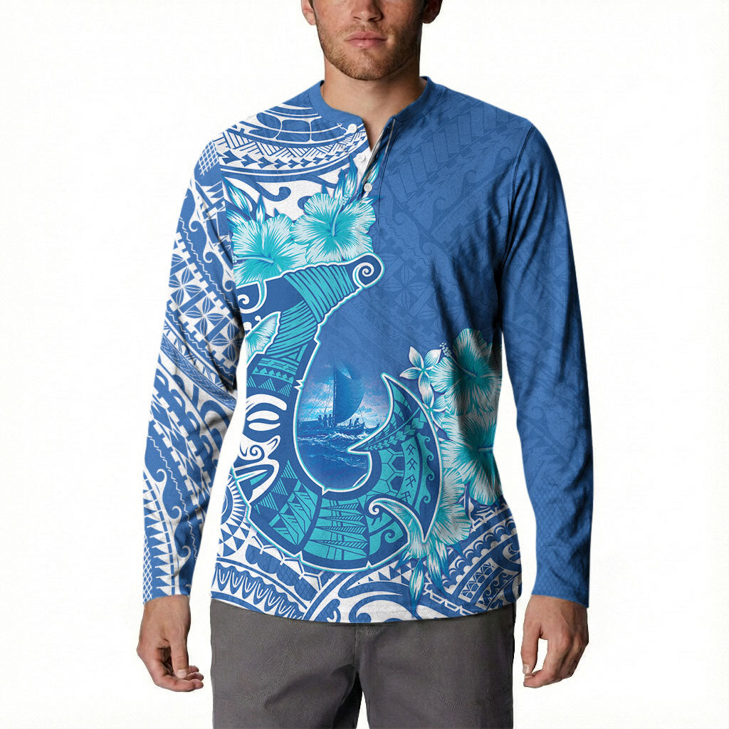 Hawaii Discoverers Day Button Sweatshirt Polynesian Fish Hook With Hibiscus Blue