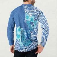 Hawaii Discoverers Day Button Sweatshirt Polynesian Fish Hook With Hibiscus Blue
