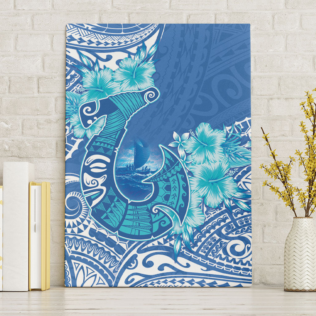 Hawaii Discoverers Day Canvas Wall Art Polynesian Fish Hook With Hibiscus Blue LT05 Without Frame Blue - Polynesian Pride
