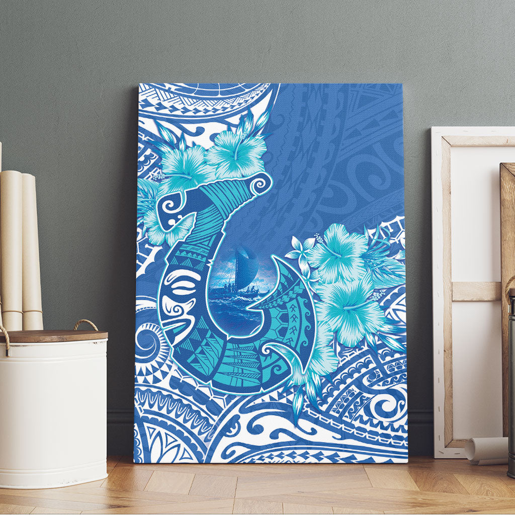 Hawaii Discoverers Day Canvas Wall Art Polynesian Fish Hook With Hibiscus Blue