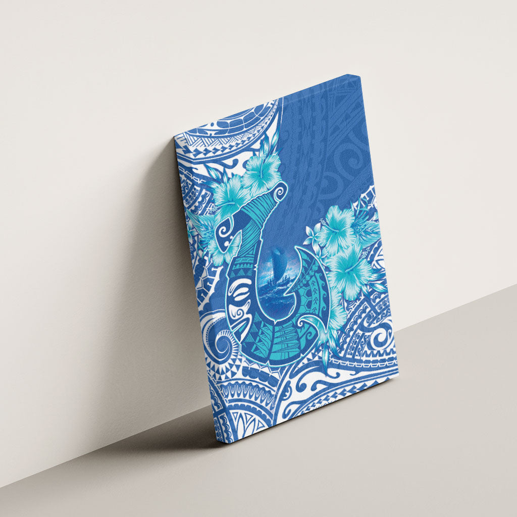 Hawaii Discoverers Day Canvas Wall Art Polynesian Fish Hook With Hibiscus Blue