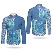 Hawaii Discoverers Day Couples Matching Long Sleeve Bodycon Dress and Long Sleeve Button Shirt Polynesian Fish Hook With Hibiscus Blue