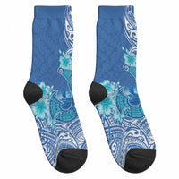 Hawaii Discoverers Day Crew Socks Polynesian Fish Hook With Hibiscus Blue LT05 - Polynesian Pride
