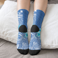 Hawaii Discoverers Day Crew Socks Polynesian Fish Hook With Hibiscus Blue LT05 - Polynesian Pride