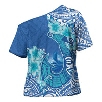 Hawaii Discoverers Day Cross Shoulder Shirt Polynesian Fish Hook With Hibiscus Blue