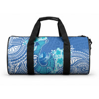 Hawaii Discoverers Day Duffle Bag Polynesian Fish Hook With Hibiscus Blue