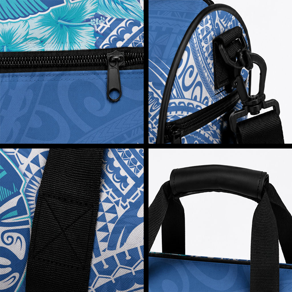Hawaii Discoverers Day Duffle Bag Polynesian Fish Hook With Hibiscus Blue