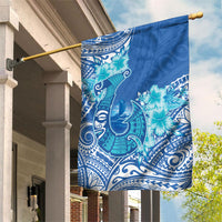 Hawaii Discoverers Day Garden Flag Polynesian Fish Hook With Hibiscus Blue