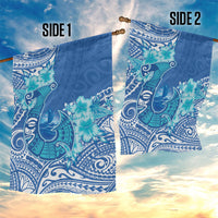 Hawaii Discoverers Day Garden Flag Polynesian Fish Hook With Hibiscus Blue