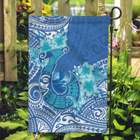 Hawaii Discoverers Day Garden Flag Polynesian Fish Hook With Hibiscus Blue