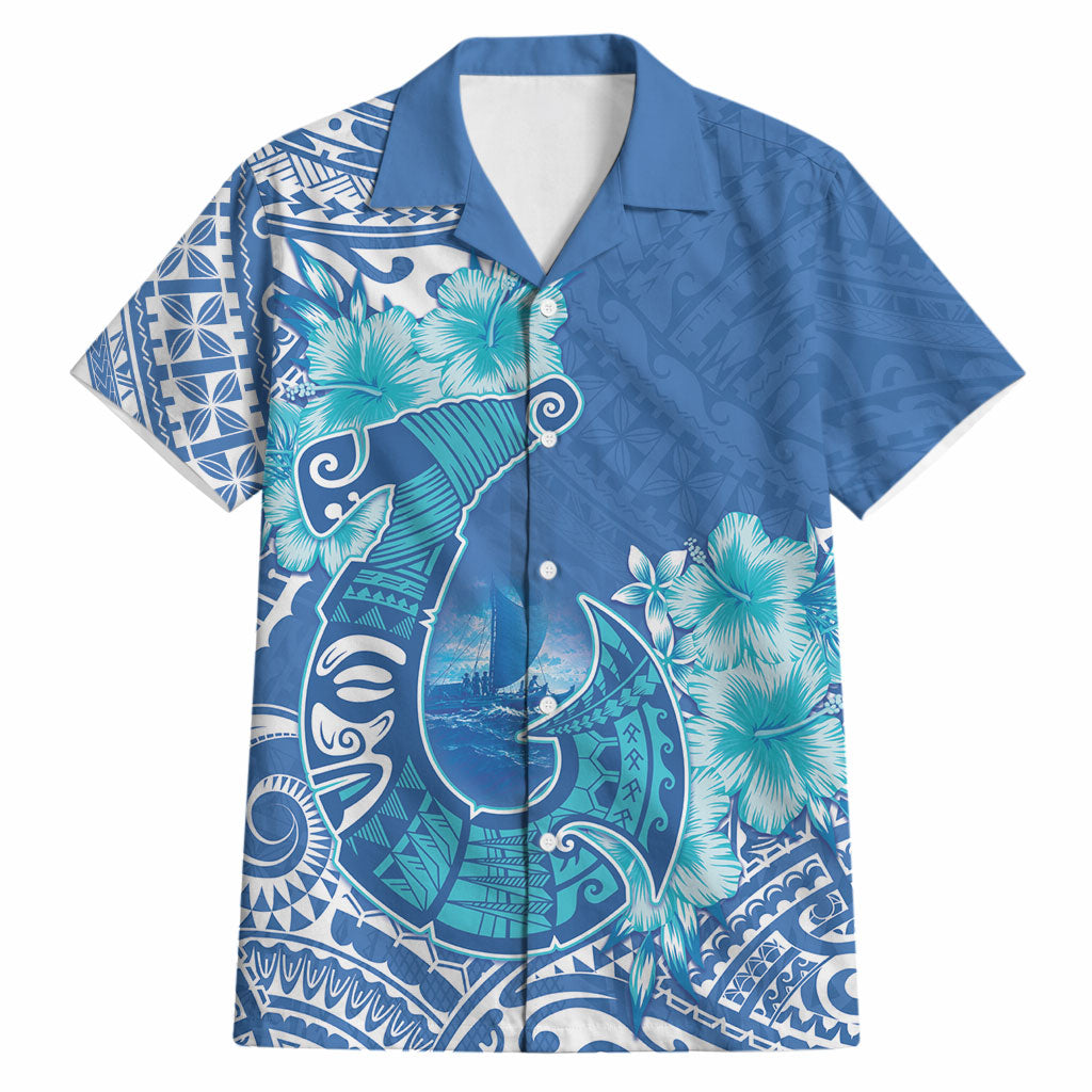 Hawaii Discoverers Day Hawaiian Shirt Polynesian Fish Hook With Hibiscus Blue