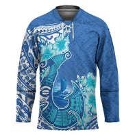 Hawaii Discoverers Day Hockey Jersey Polynesian Fish Hook With Hibiscus Blue LT05 Unisex Blue - Polynesian Pride