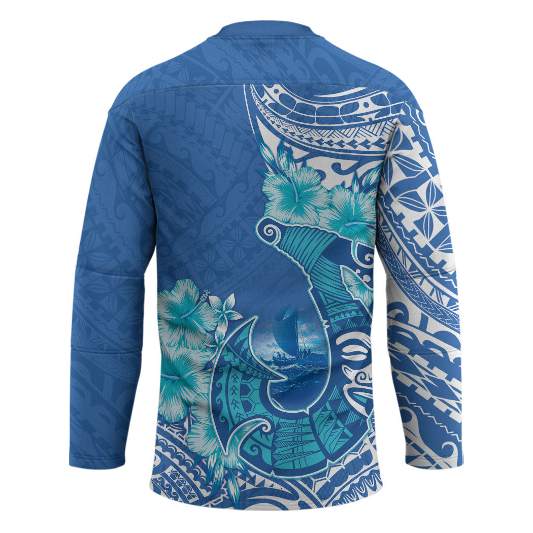 Hawaii Discoverers Day Hockey Jersey Polynesian Fish Hook With Hibiscus Blue LT05 - Polynesian Pride