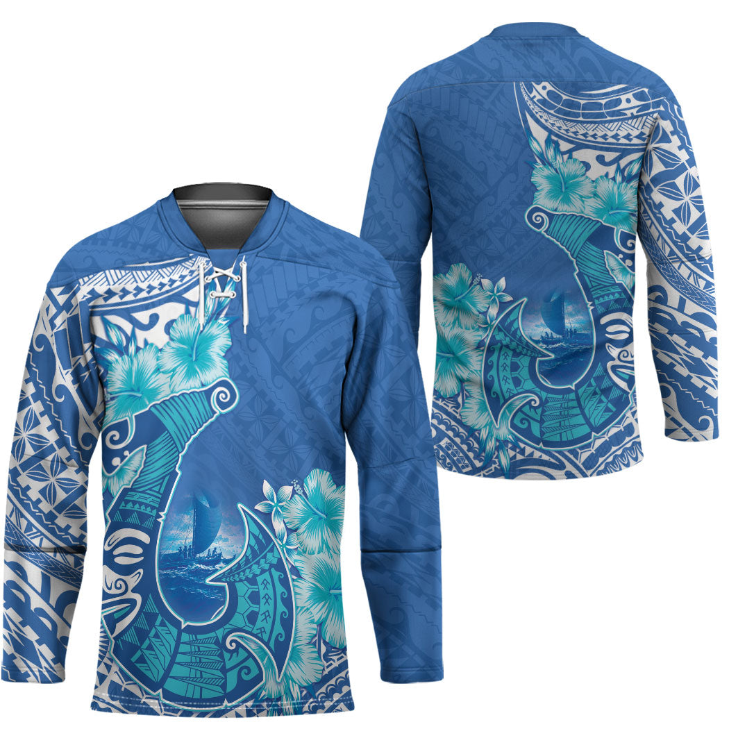 Hawaii Discoverers Day Hockey Jersey Polynesian Fish Hook With Hibiscus Blue LT05 - Polynesian Pride