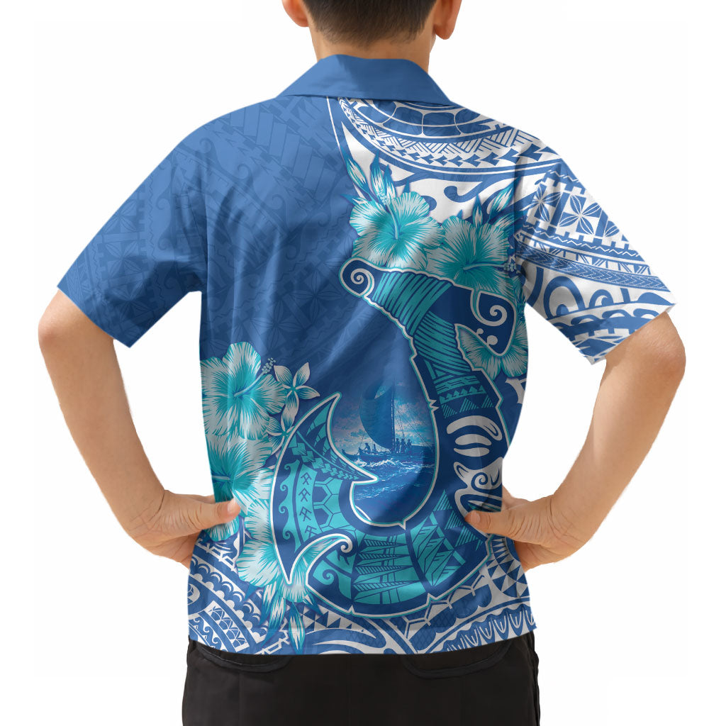 Hawaii Discoverers Day Kid Hawaiian Shirt Polynesian Fish Hook With Hibiscus Blue