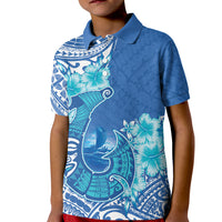 Hawaii Discoverers Day Kid Polo Shirt Polynesian Fish Hook With Hibiscus Blue LT05 Kid Blue - Polynesian Pride