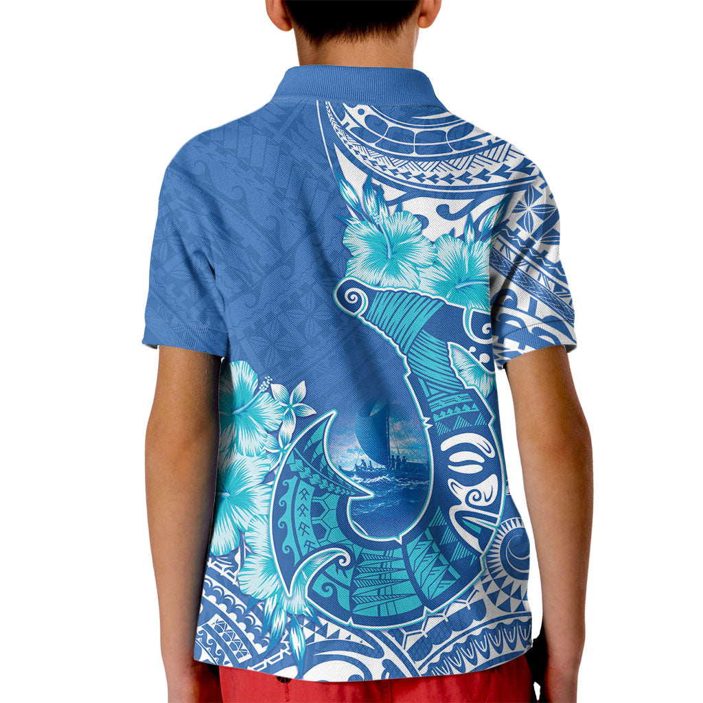 Hawaii Discoverers Day Kid Polo Shirt Polynesian Fish Hook With Hibiscus Blue LT05 - Polynesian Pride