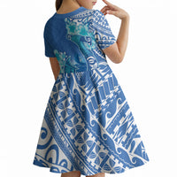 Hawaii Discoverers Day Kid Short Sleeve Dress Polynesian Fish Hook With Hibiscus Blue