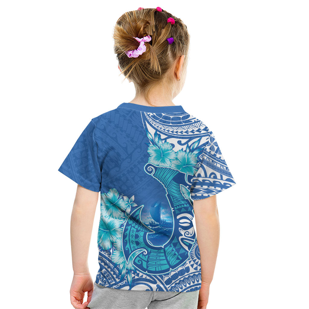 Hawaii Discoverers Day Kid T Shirt Polynesian Fish Hook With Hibiscus Blue LT05 - Polynesian Pride