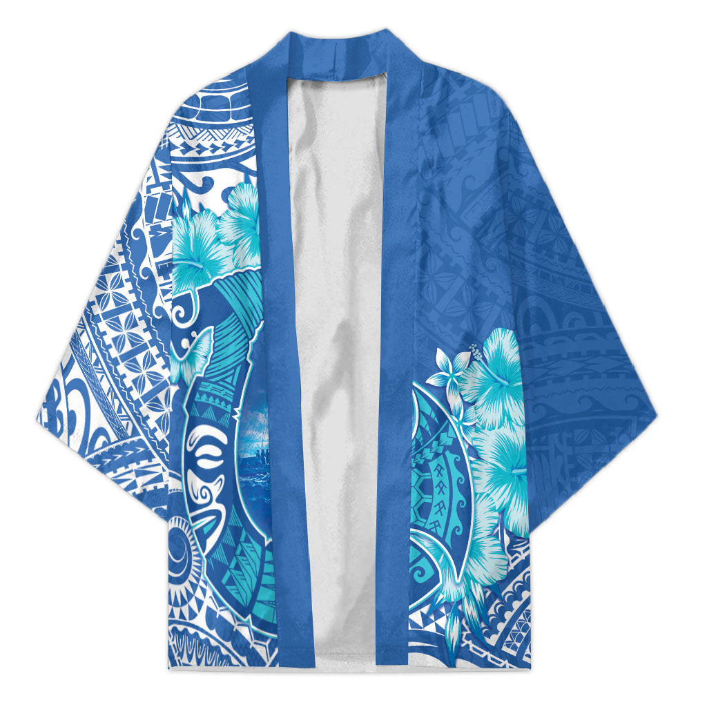 Hawaii Discoverers Day Kimono Polynesian Fish Hook With Hibiscus Blue LT05 Unisex Blue - Polynesian Pride