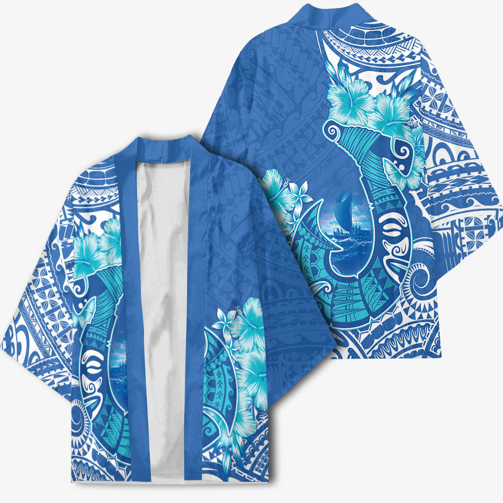 Hawaii Discoverers Day Kimono Polynesian Fish Hook With Hibiscus Blue