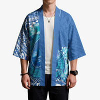 Hawaii Discoverers Day Kimono Polynesian Fish Hook With Hibiscus Blue