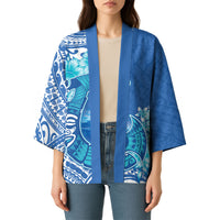 Hawaii Discoverers Day Kimono Polynesian Fish Hook With Hibiscus Blue