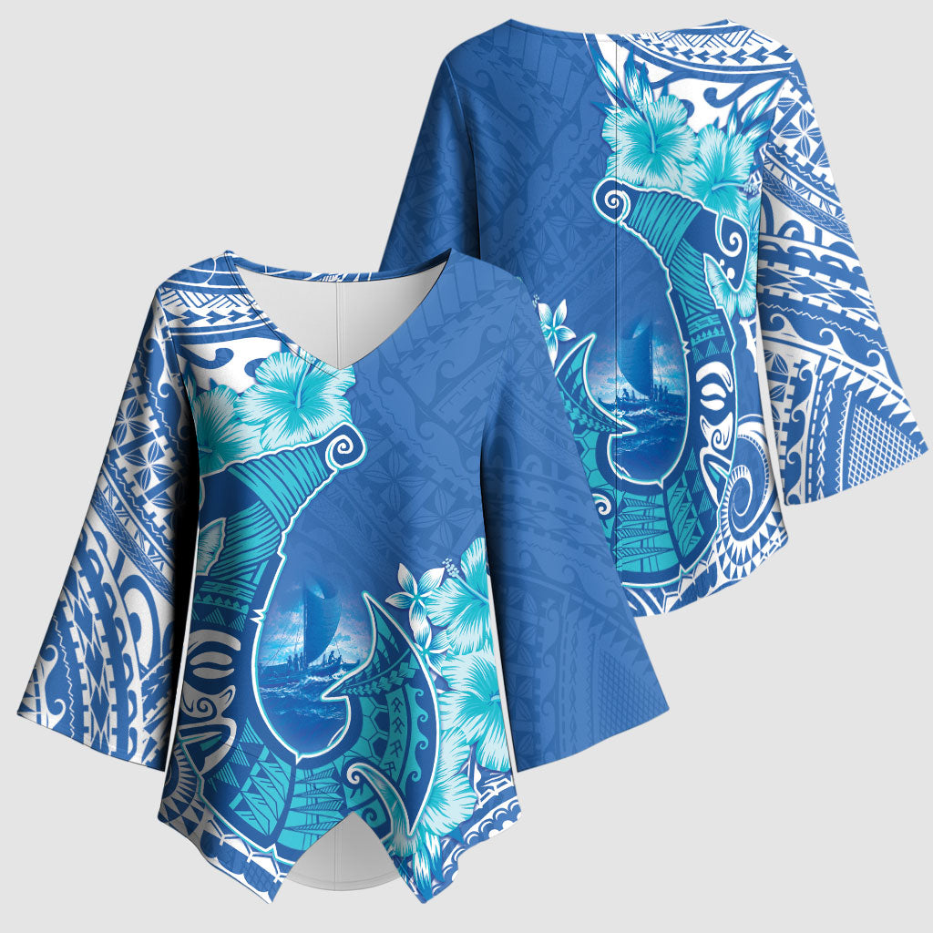 Hawaii Discoverers Day Kimono Sleeve Blouse Polynesian Fish Hook With Hibiscus Blue LT05 - Polynesian Pride